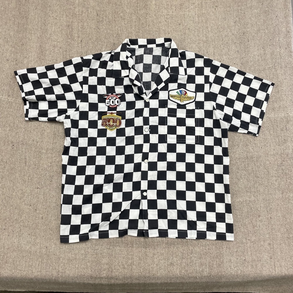 vintage Indianapolis 500 Racing‎ button up shirt mens 2xl White 1980s Checkered